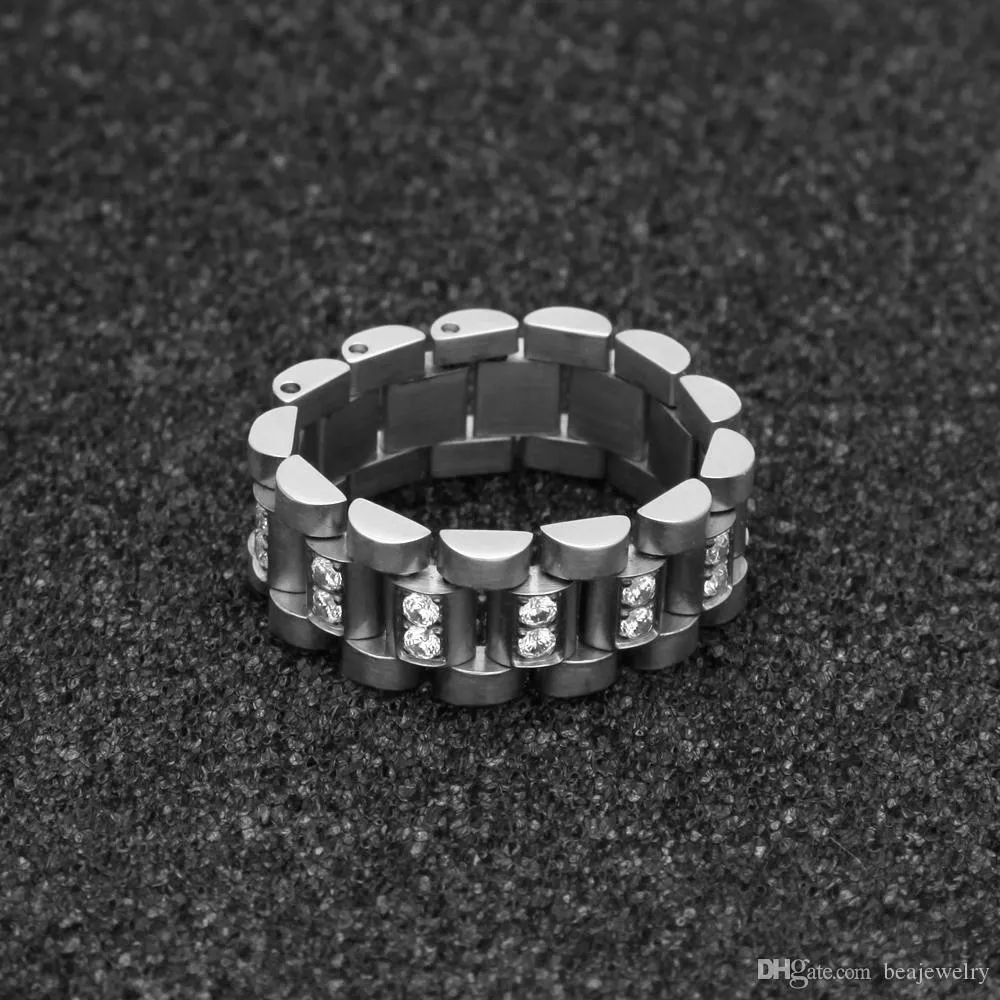 Acier inoxydable CZ Watch Band Chain Cluster Ring pour hommes New Fashion Charm Réglable Taille Or 18K Couleur Hip Hop Punk Rock Grunge Bijoux Bijoux