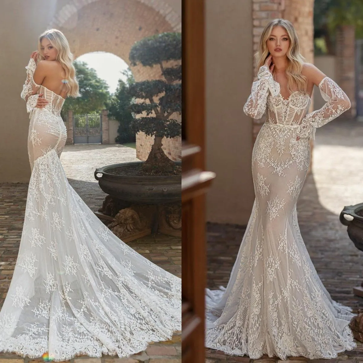 Elegante illusie zeemeermin trouwjurken met afneembare lange mouwen kant korset terug bruidsjurken backless bohemian gewaden de Mariée