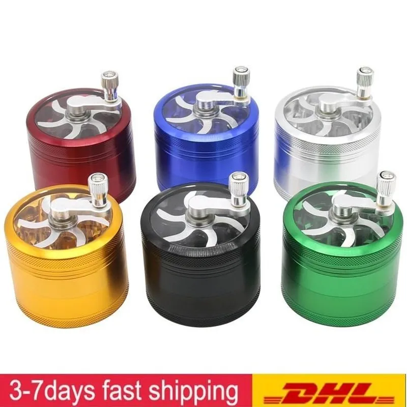 DHL Grinder fumatori con manico in lega di alluminio Herb 63mm diametro smerigliatrici frantoio per tabacco 4 strati Dab Tools per fumare Logo personalizzato FY2143 F0810