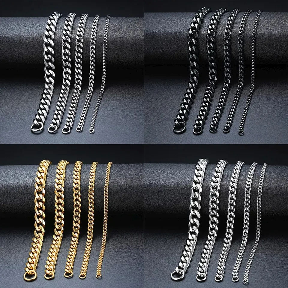 3mm-11mm Mens 14K Gold Plated Women Cuban Link Chains Rostfritt stål Turhalten Armband Silver Black Color Wrist Armband Gift210e