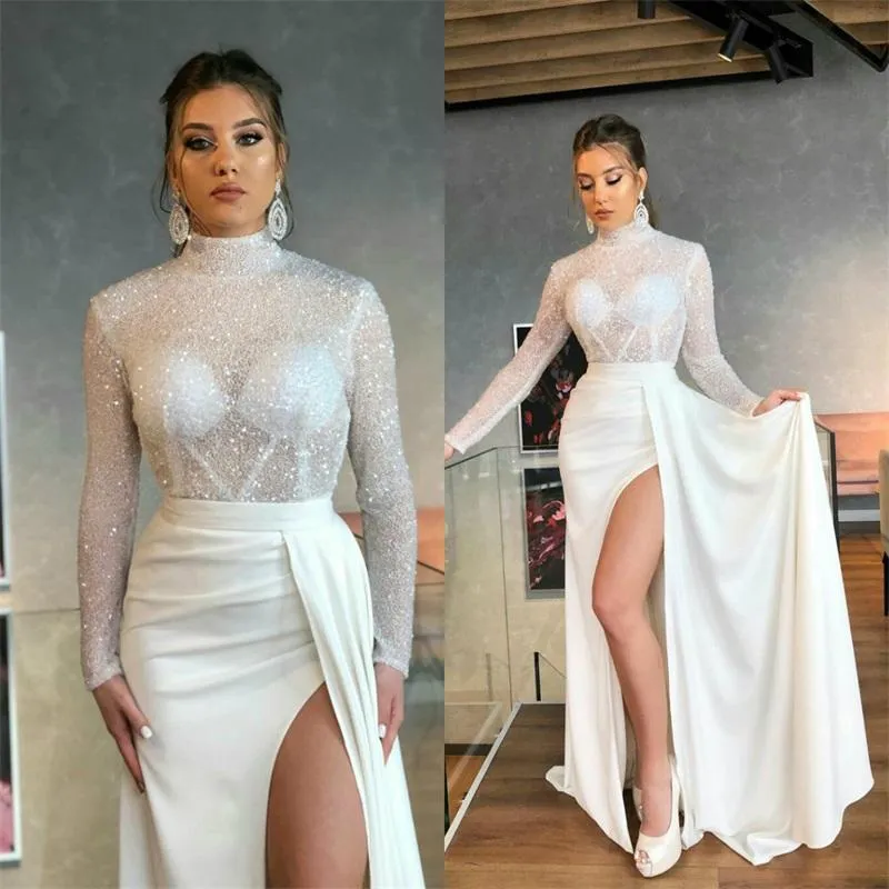 Bescheiden Hoge Hals Prom Jurken Lange Mouwen Sparkly Pailletten Side Slit Split Ruched Plooien Sexy Illusion Floor Length Avondjurken Vestido