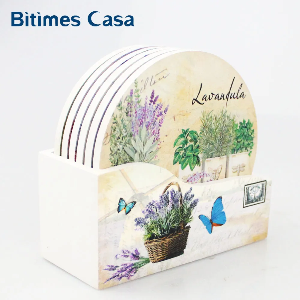 Motivo floreale lavanda sottobicchiere rotondo in legno per tazza da caffè, set da 6 pezzi, con confezione regalo, confezione regalo, decorazione domestica Y200328