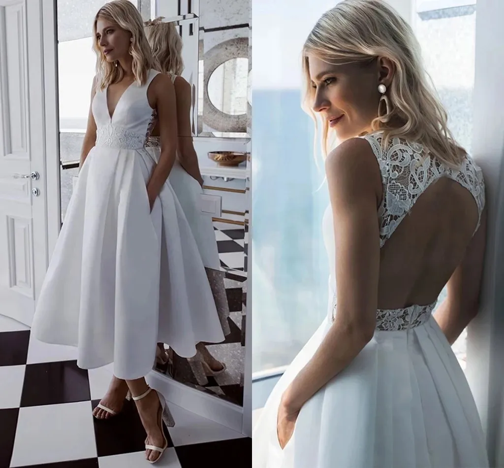 2022 Süßes weißes Elfenbein kurzes Hochzeitskleid mit V-Ausschnitt Vintage Tee-Länge Brautkleider rückenfrei A-Linie Brautkleid Vestido Novia Robe De Mari￩e