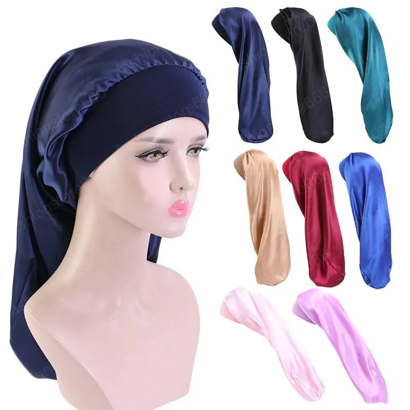 10 Colors Long Satin Bonnet Sleep Cap for Braids Hair Silk Night Sleeping Hat Elastic Band Hair Salon Cap Bonnet Wome
