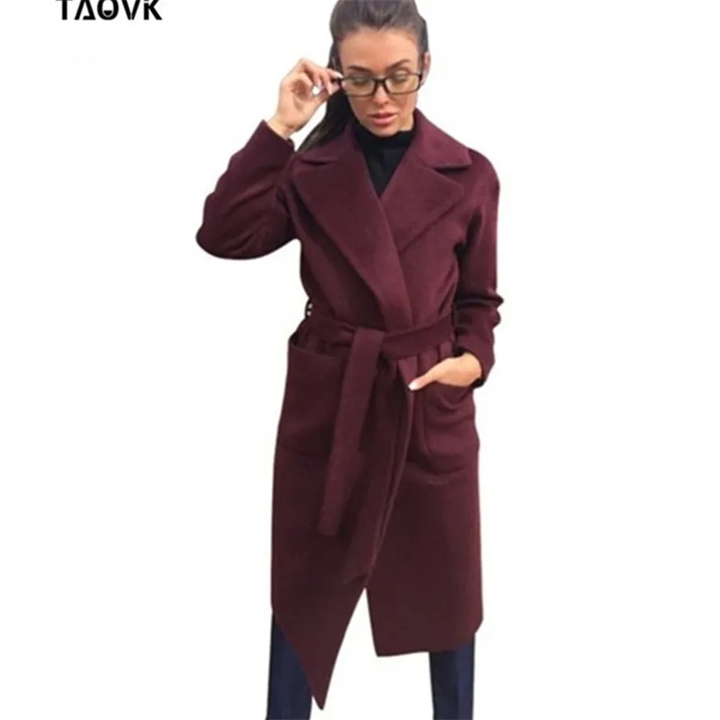 Taovk Women 's Jackets Coats 중간 긴 벨트 양모 블렌드 코트 턴 다운 칼라 솔리드 컬러 포켓 Parka 201214