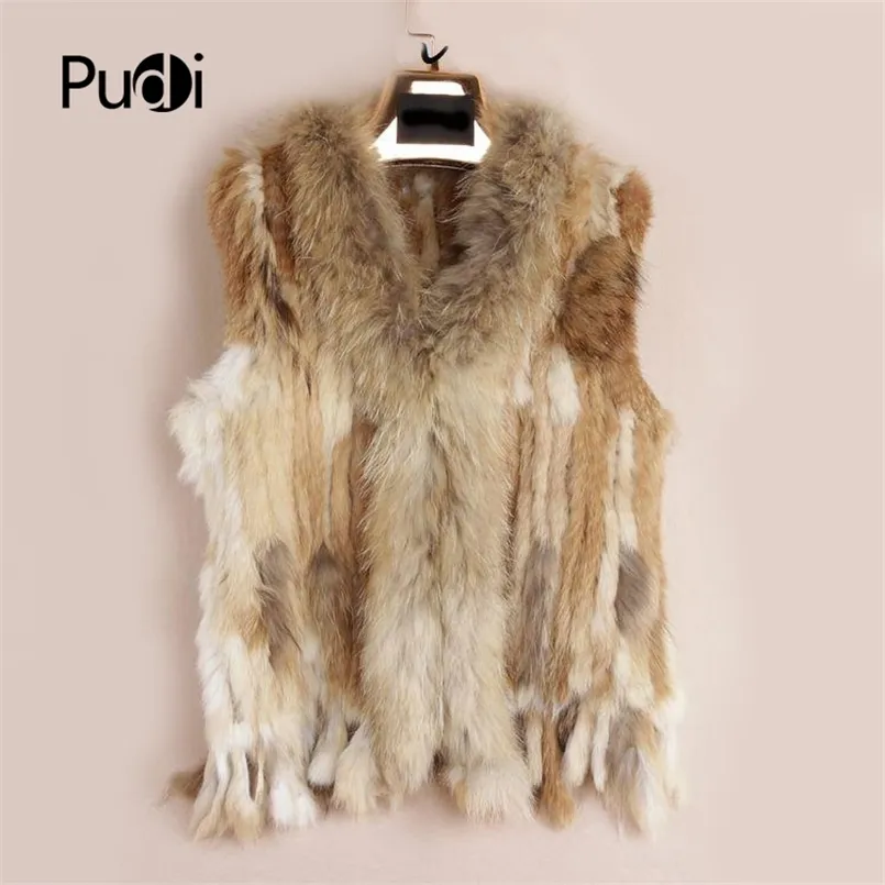 VR001 Gratis frakt Kvinnor Naturlig Real Rabbit Fur Vest med Raccoon Fur Collar Waistcoat / Jackor Rex Kanin Stickad Vinter 201209