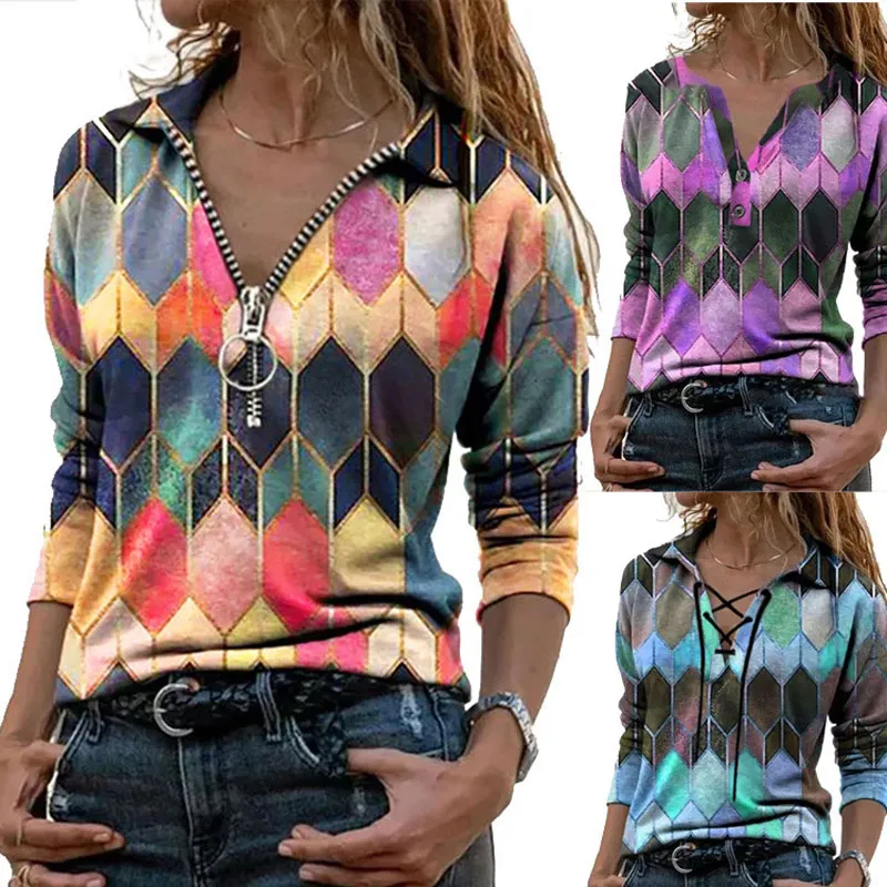 Women Vintage Geometric Print Blouse Shirt Spring Autumn Casual Long Sleeve Pullover Tops Ladies 3XL Elegant V Neck Loose Blusa