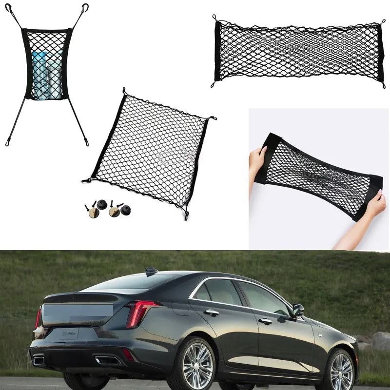 För Cadillac CT4 2019-2023 Bil Auto Vehicle Black BACK TRUNK COGGAGE ARGANGERA LAGRING NYLON PLAIN VERTICAL SEAT NET