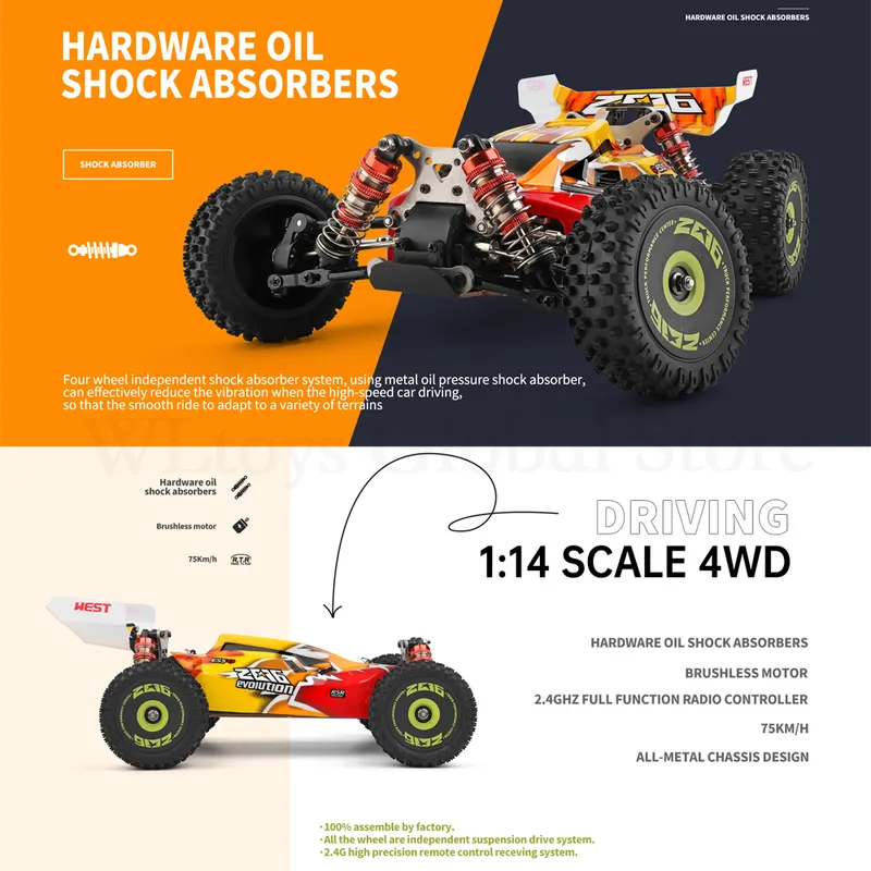 WLtoys 1/14 144010 144001 RC Car 75KM/H High Speed Racing Brushless 4WD  Off-Road 2.4G Remote Control Drift Toys for Children