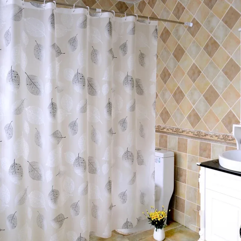 Gråa blad duschgardin romantisk konst vattentät peva duschdraperi för bad med krokar