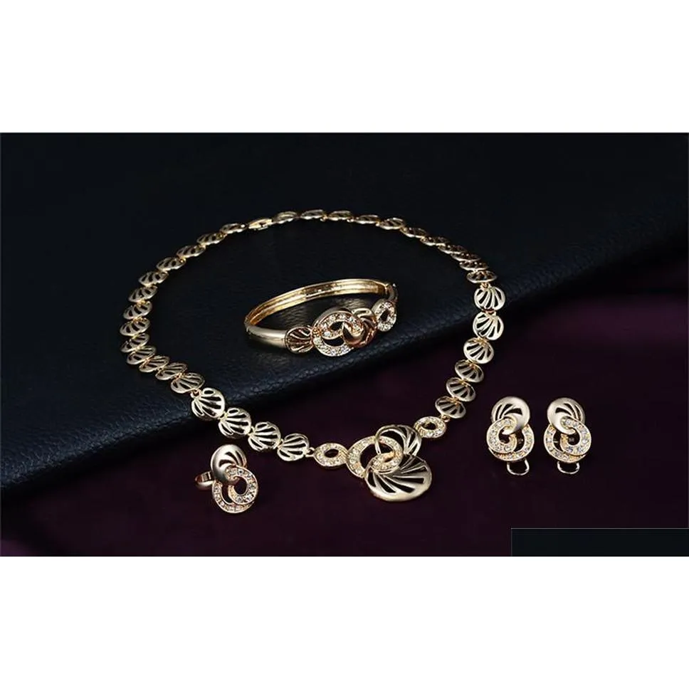 necklaces earrings bangles rings jewelry sets fashion women quality rhinestone gold plated geometric circles party jewelry 4-piece set