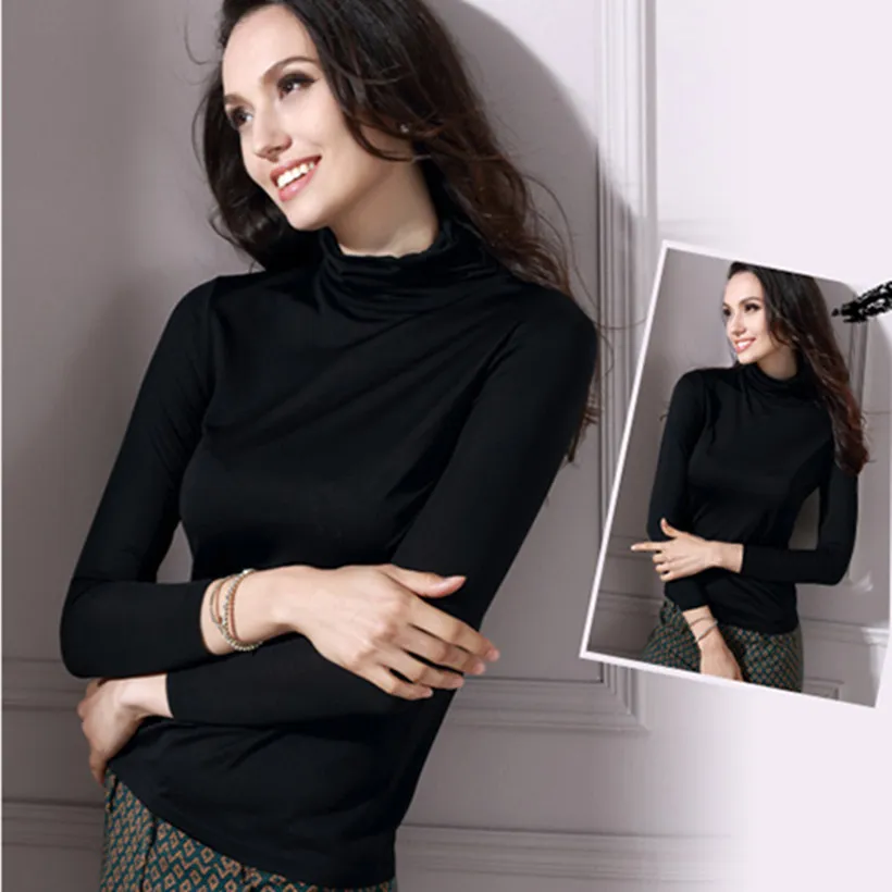 Pure Silk Basic Shirt Heavy 100% Mulberry Silk Turtleneck Long-sleeve Women Basic Sweater Tops L/XL/XXL/XXXL FREE SHIPPING A1112