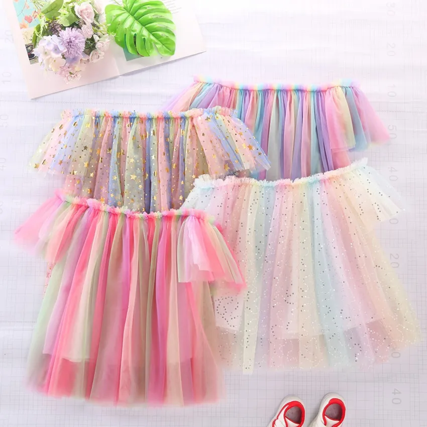 INS Baby Girls Tutu Tutu Vestidos Niños Off Hombro Falda de gasa NUEVA Partido de verano Elegante Arco iris Encaje Gauze Rendimiento Falda de baile