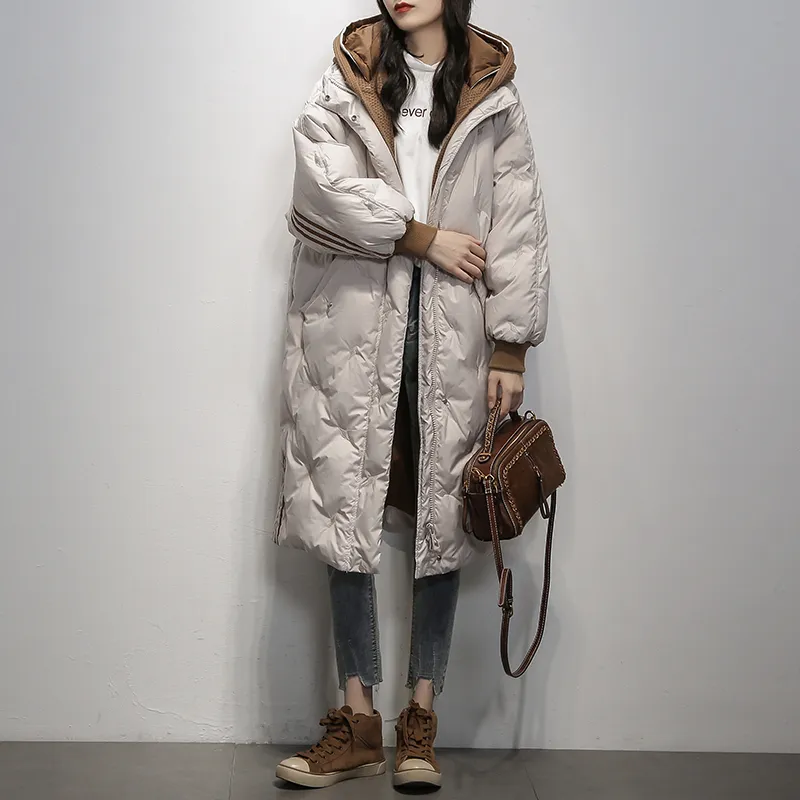 Svart Hooded Warm Down Coat Kvinnor Lång jacka Ny Vinter Loose Down Jackor Kvinna Overcoat Fashion Tjock Parkas Lady Outwears 201119