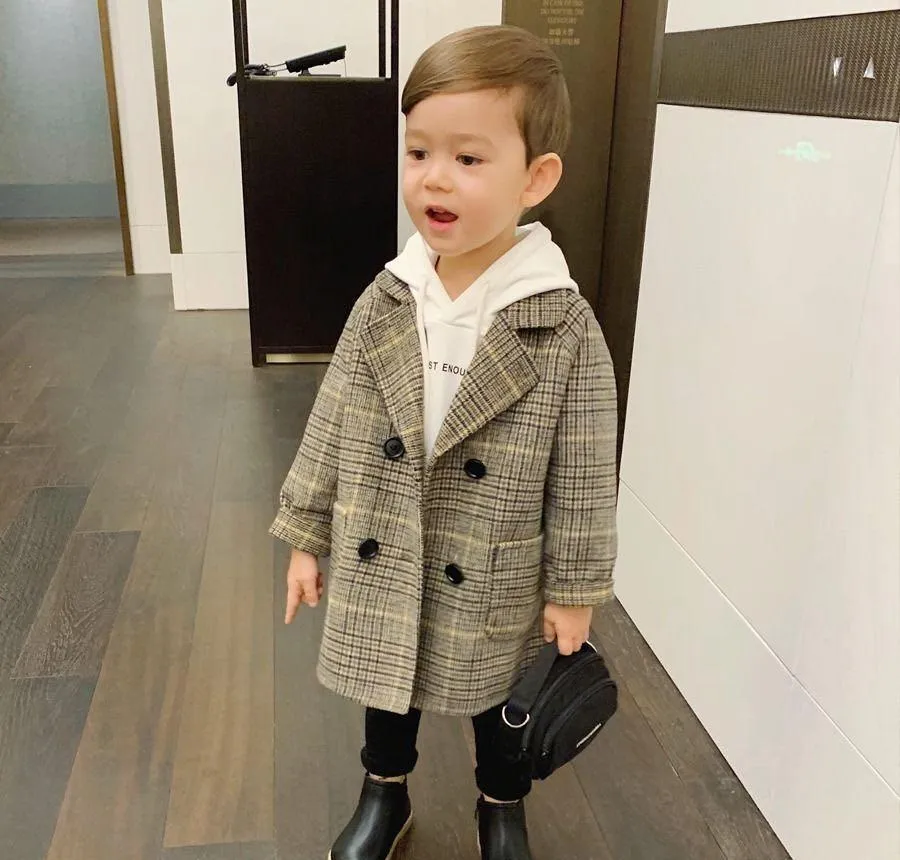 Winter Grid Jackets Boys Girls Woolen Double Breasted Baby Boy