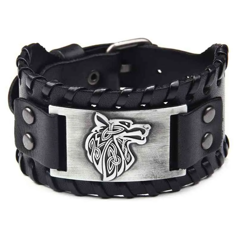 Punk Black Wide Bransoletka dla mężczyzn Nordic Viking Designer Gothic Wolf Head Men Leather Regulowany Nadgarstek Biżuteria