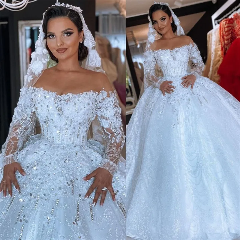 Luxury Crystal Ball Gown Wedding Dress Bateau Glitter Dubai Beads Lace Appliques Beads Bridal Gowns Custom Made Princess Vestidos De Novia