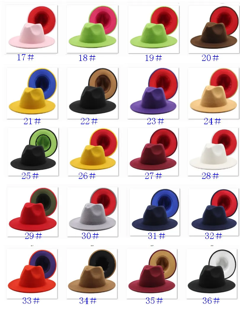 Party Hat Unisex Flat Brim Wool Felt Fedora Hats with Belt Red Black Patchwork Jazz Formal Hat Panama Cap Trilby For Men Women HH9-3706