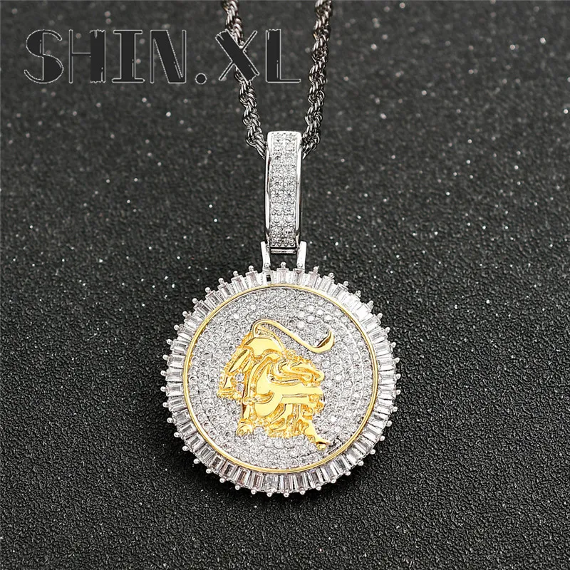 Hip Hop Round Necklace Charm Cow Gold Plated Iced Out Full Zircon Mens Bling Jewelry Gift3134