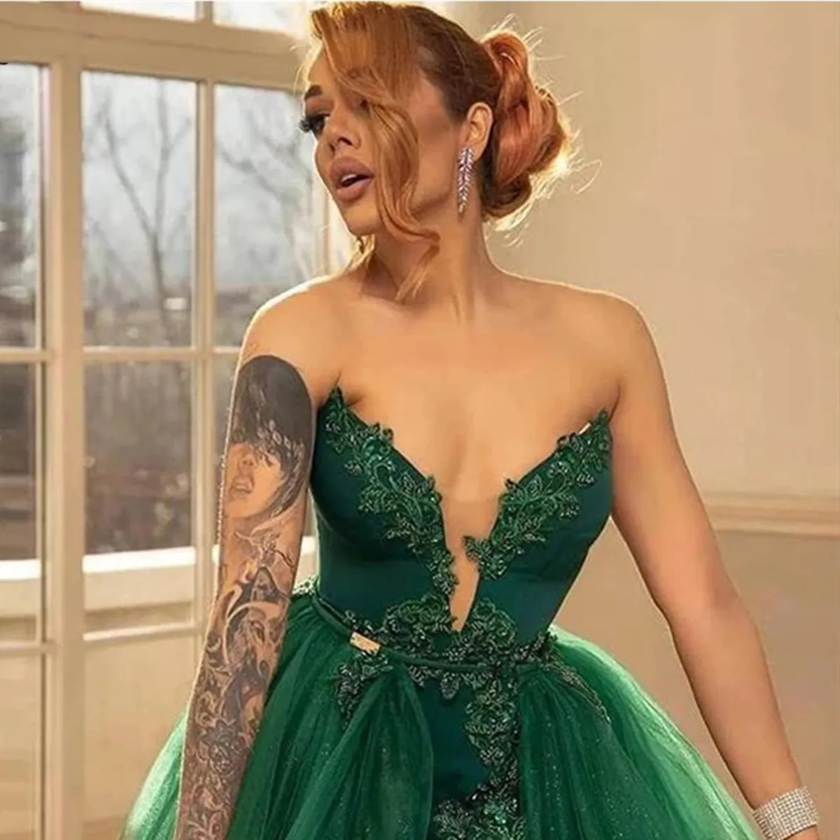 green dos equis dress Long Sage Tulle Puffy Sleeves Formal Dress