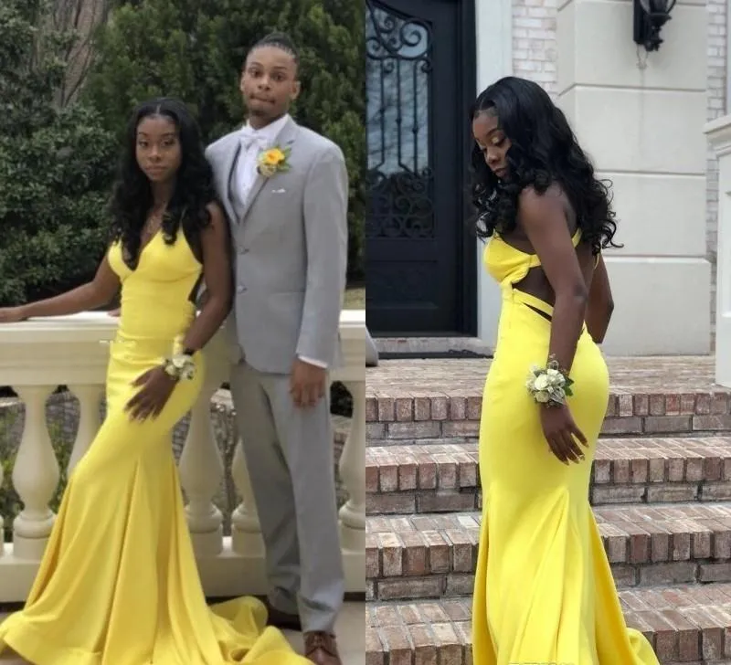 Nya Billiga Simple Yellow African Black Girls Plus Size Mermaid Prom Klänningar Lång Pageant Graduation Wear Formal Dress Evening Party Gowns