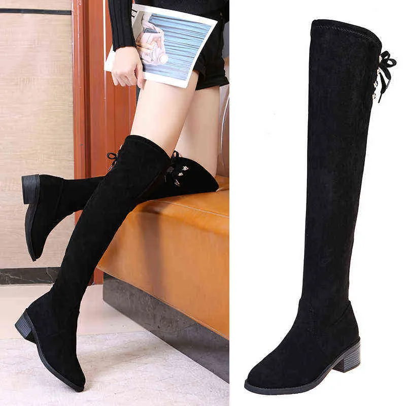 Women Over Knee-high Boots Chunky Shoes 2022 New Winter Chelsea Boots Suede Designer Luxury Brand Stretch High Boots Lady Shoes Y1209