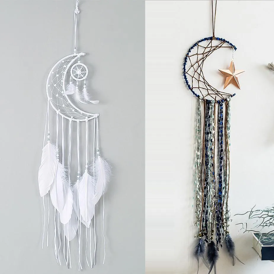 Atrapasueños grande con forma de media luna para niños, decoración colgante de pared, atrapasueños de plumas blancas hechas a mano para regalo artesanal de boda