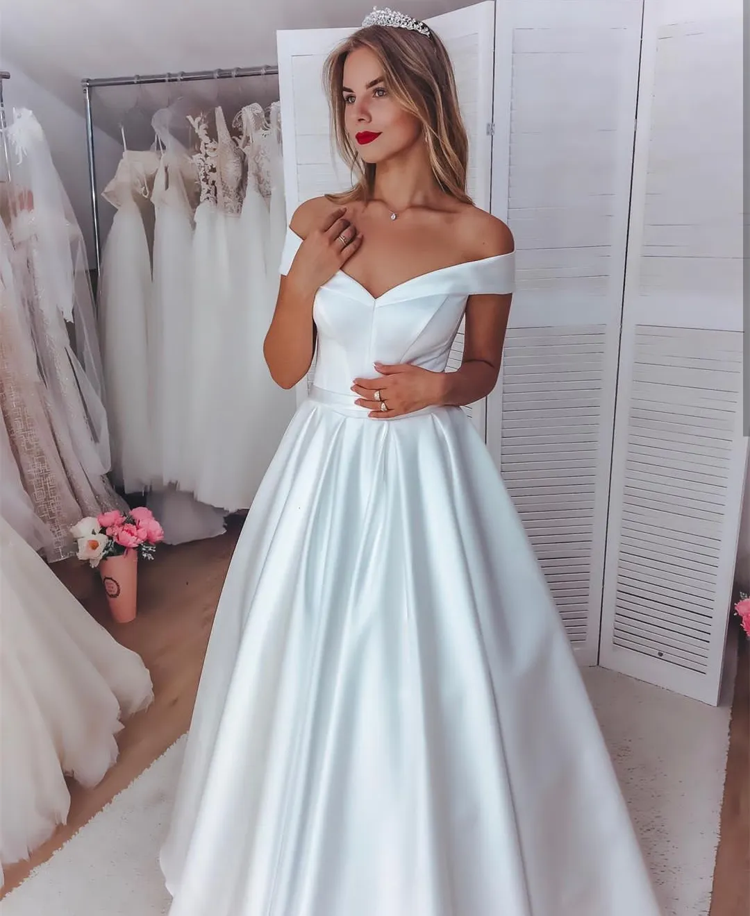 White satin off hotsell shoulder wedding dress