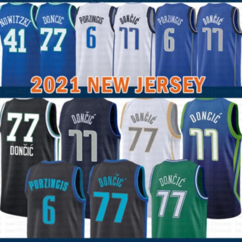 2021 New Luka Basketball Jersey 77 Doncic Hommes Kristaps 6 Porzingis Mesh Retro Dirk 41 Nowitzki Jeunesse Enfants Vert