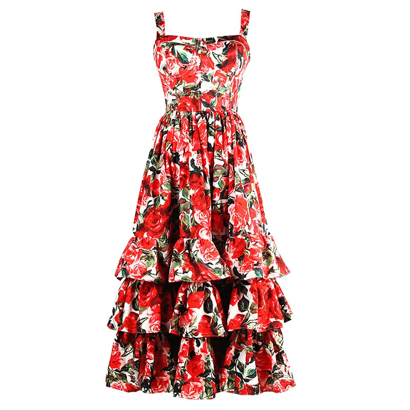 2020 Summer Red Rose Print Lus Leaf Side-Cascading Cake Style Women's Red Floral Dress - High-Quality Beachwear (Y0118)