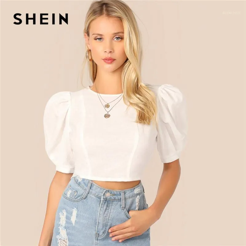 Womens Blouses Shirts SHEIN Puff Sleeve Keyhole Back Crop Top