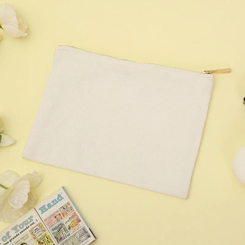 22x15cm Large Plain Nature Cotton Canvas Travel Toiletry Bags Cotton Makeup Pouch Cosmetic Bag With Gold Zipper LX3440