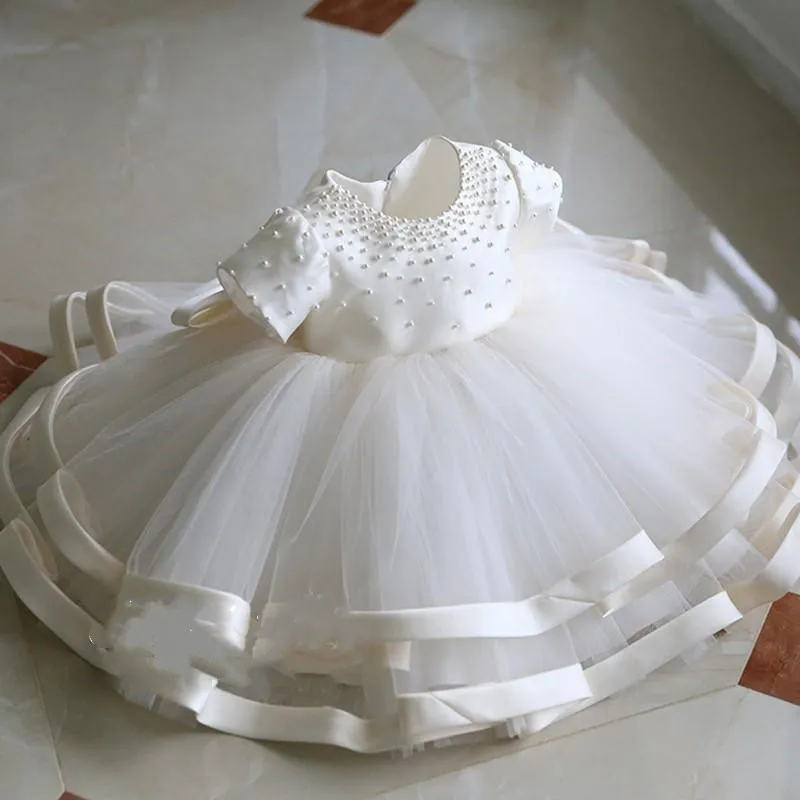 Pearls Design Baby Girls Pageant Dresses Tiered Skirts Ball Gowns Flower Girl Dress Jewel Neck Chic Girls Kids Formal Birthday Gowns