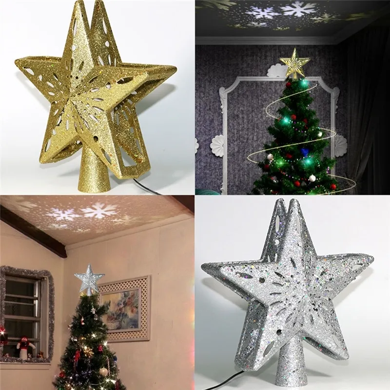Christmas Star Decorate LED Projection Light Tree Top Rotating Snowflake Pentagram