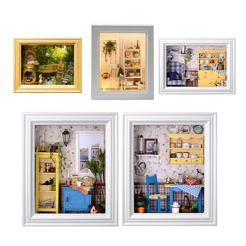 CuteBee diy casa moldura de madeira miniatura casas de bonecas kit de móveis com brinquedos levou para crianças presente de Natal 220218