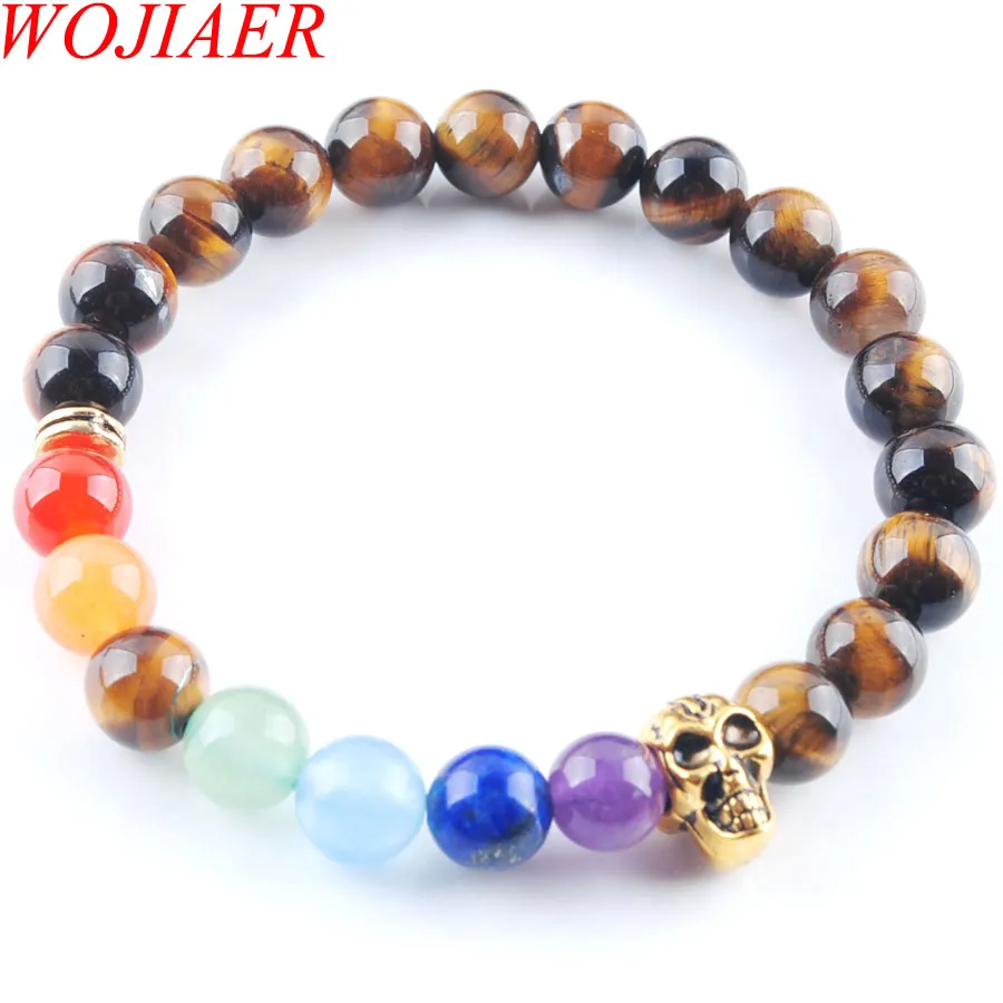 Wojier 8mm Tigres Eye Stone Round Beads Fantasma Cabeça Cabeça Strands Pulseiras 7 Chakra Cura Mala Meditação Praia Yoga Mulheres Jóias K3234