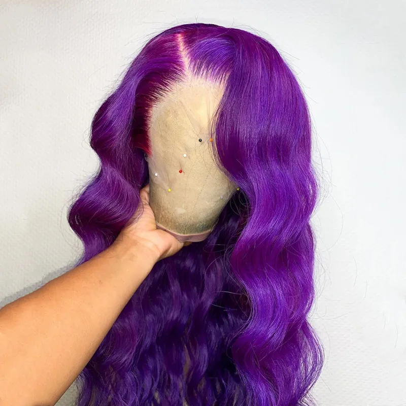 Dropship Colorful Wig Purple Color Faliste Szwajcarskie Przezroczyste Koronki Przednie Brazylijskie Dziewicze Ludzkie Włosy Peruki