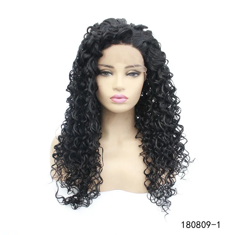 Couleur noire crépus bouclés synthétique Lacefrontal perruque Simulation cheveux humains Lace Front perruques 180809-1