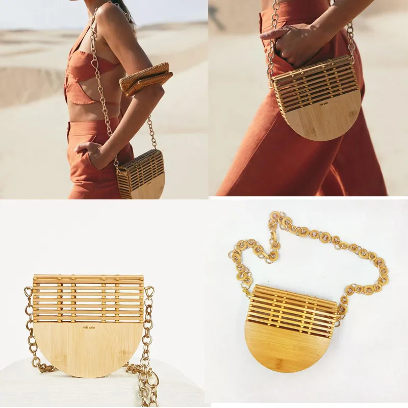 Straw Weave Shoulder Crossbody Bag Chains Handmade Bamboo Fiber Clutch Knitting Hollow Pouch Female Bohemian Beach Bags Summer Wallet Purse