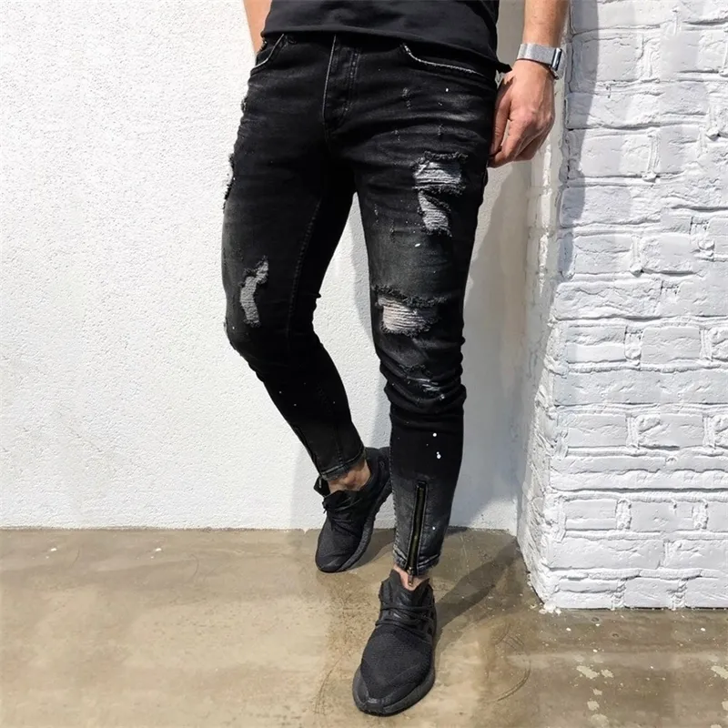 Jeans voor mannen Lange Potlood Broek Ripped Skinny Stretch Denim Pants Distressed Ripped Freyed Slim Fit Jeans Broeken 201111