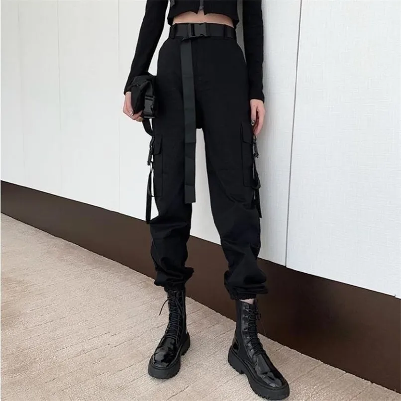 QWEEK Gothic Black Cargo Broek Vrouwen Hippie Streetwear Herfst Harajuku Losse Broek voor Vrouwelijke Rave Punk Straight Oversize 211216