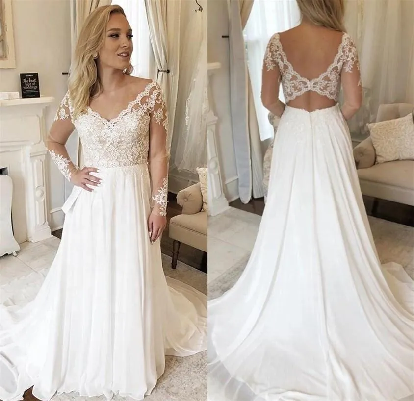 Abiti da sposa linea A in chiffon taglie forti Scollo a V Applicazioni in pizzo Abiti da sposa a maniche lunghe Sweep Train Boho Garden