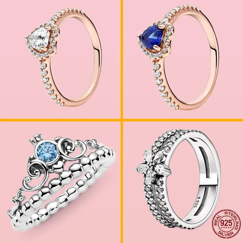 Cluster Ringen Aankomst 100% 925 Sterling Zilver Elegant Hart Double Crown Serie Dames Sieraden Paar Trouwring Gift
