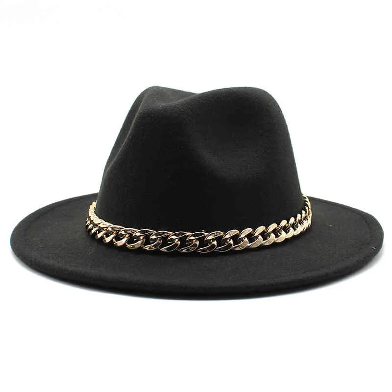 XFHH European American Big Chain Fedoras Fuax Wollen Brim Vilt Cap Jazz Mannen Vrouwen Hoed