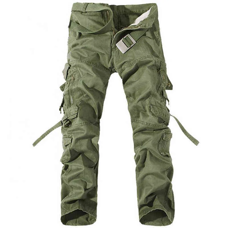 Män lastbyxor Mens Casual Bomullsbyxor Solid Mäns Militärbyxor Overaller Multi Fickor Dekoration Plus Storlek utan bälte G0104