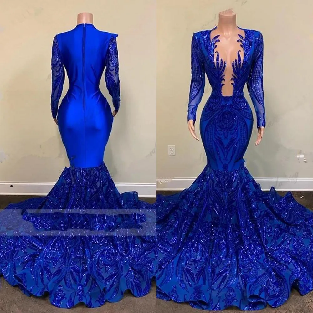 2022 African Royal Blue Sparkly Paillettes Pizzo Bling Abiti da ballo Maniche lunghe Paillettes Sirena Plus Size Pageant Party Dress Formal275x