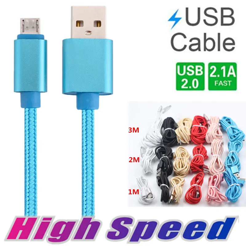 Kable typu C Szybki 1 1,5 2 3M Data Sync Ładowanie ładowania Nylon Micro USB Kable 6 kolorów dla Samsung S20 Huawei P20