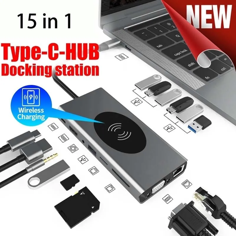 USB C محطات الإرساء محور 15 في 1 نوع C قفص الاتهام 4K HD 1080P VGA PD TF 3.5mm محول USB 3.0 الفاصل 10W شاحن لاسلكي ل Macbook Laptop