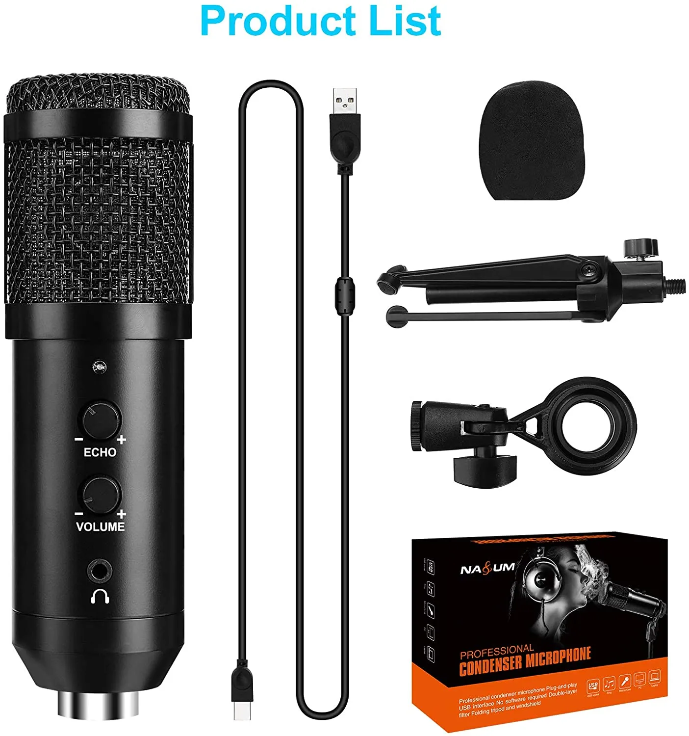 コンピューター用のUSBマイク、Nasumデスクトップポッドキャストマイク