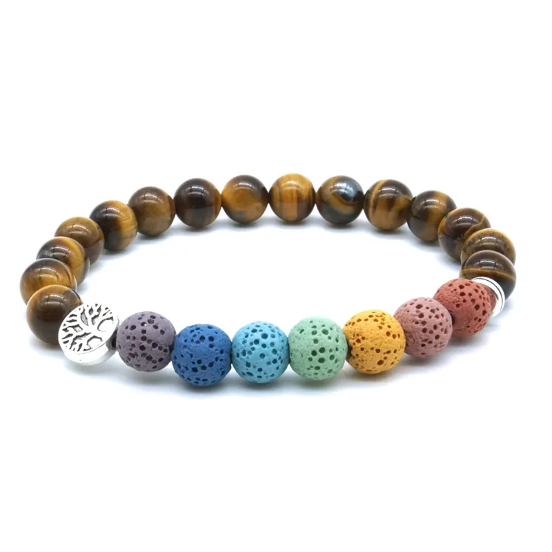 Tree of Life 8mm Seven Chakras Bracelet Lava Stone Tiger Eye Lapis Lazuli Beaded Bracelets Essential Oil Diffuser Yoga Jewelry